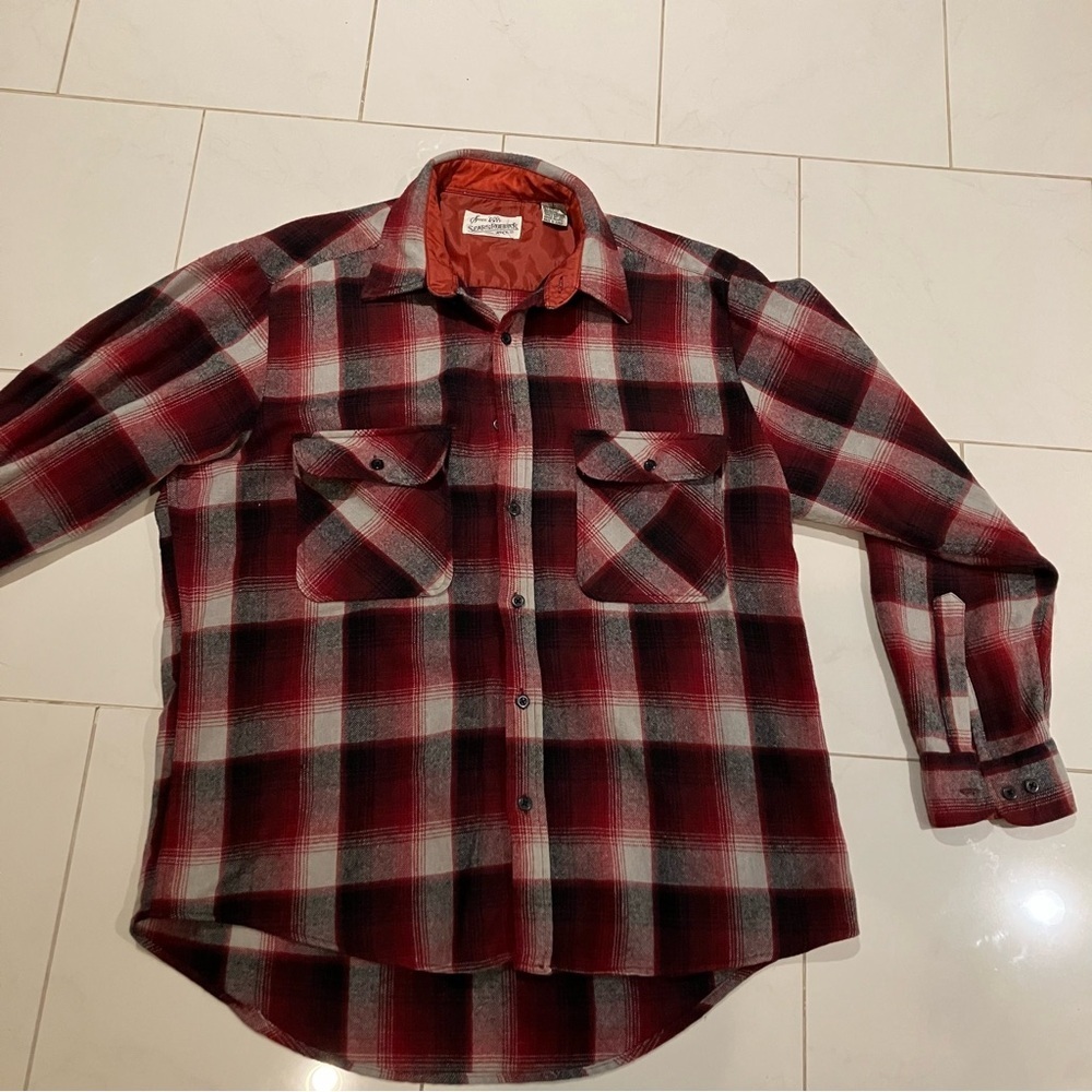 Sears roebucks vintage red / black / white wool blend plaid button up shirt.